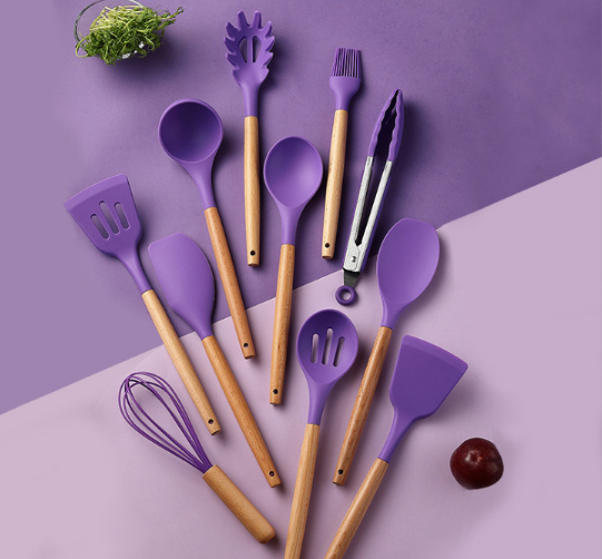 Hot-selling Silicone Kitchenware 11-Piece Non-stick Cookware With Tube Set, High-grade Wooden Handle Kitchen Baking Tools, Multi-color