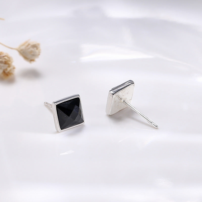 Clearance special price tail goods processing Wanying jewelry square black agate earrings S925 sterling silver earrings trendy accessories