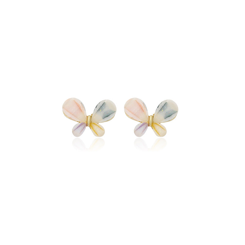 South Korea Dongdaemun Fashion Stained Glass Diamond Stud Earrings Popular Jewelry Sweet Versatile Butterfly 925 Silver Needle Earrings