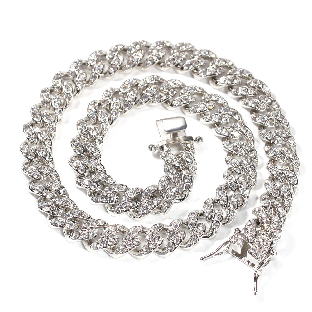 European and American street hiphop thick necklace 12mm diamond alloy Cuban necklace male rap hip-hop trend accessories