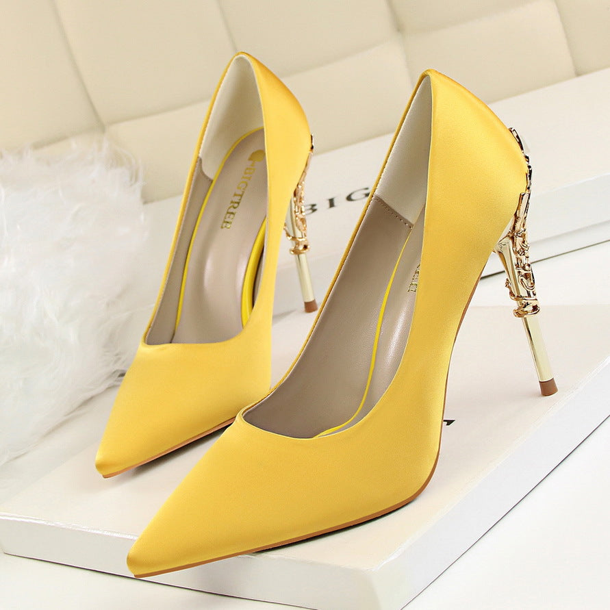 Korean fashion sexy metal with women's shoes stiletto high-heeled shallow mouth pointed satin slim single shoes wedding shoes