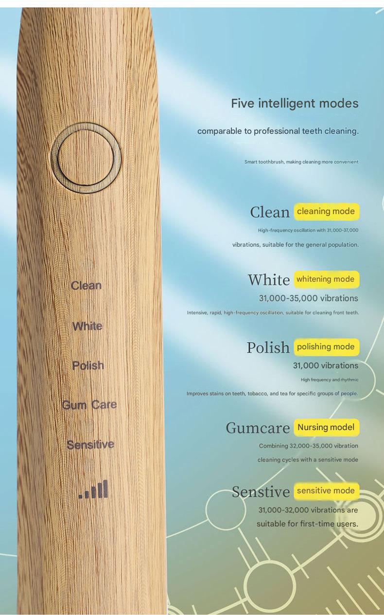 Electric Bamboo Toothbrush, Intelligent Sonic Electric Toothbrush, PS05 Intelligent 5-Speed Mode Bamboo Toothbrush Head Replacement