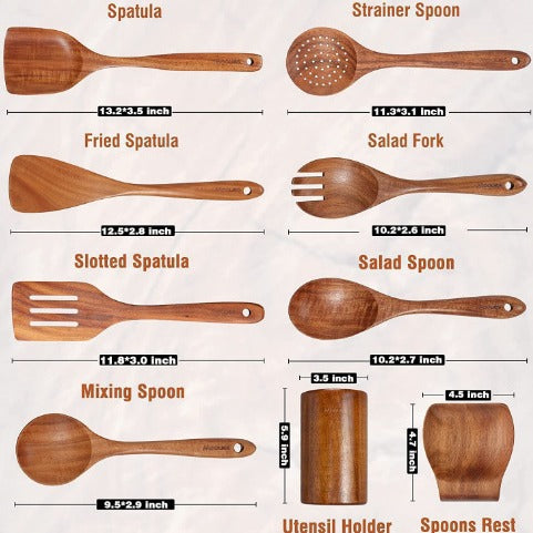 Teak Cooking Set, Acacia Wood Kitchenware, Long Handle Spatula, Vegetable Spatula, Solid Wood Spatula, Spoon Fork, Non-stick Pan, Kitchen 10 Piece Set