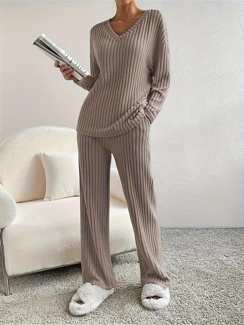 2025 Autumn Cross-Border New Style Home Fashion Casual Straight Leg Pants Elegant Loose V-Neck Ribbed Two-Piece Set