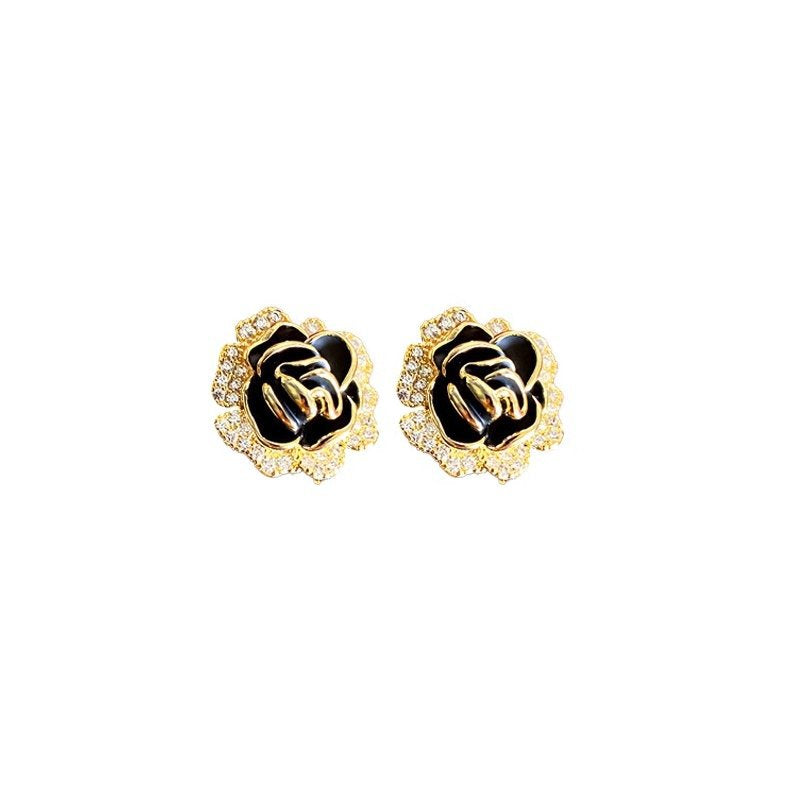 Retro black camellia small fragrance style earrings for women niche light luxury high-end temperament French zircon flower earrings