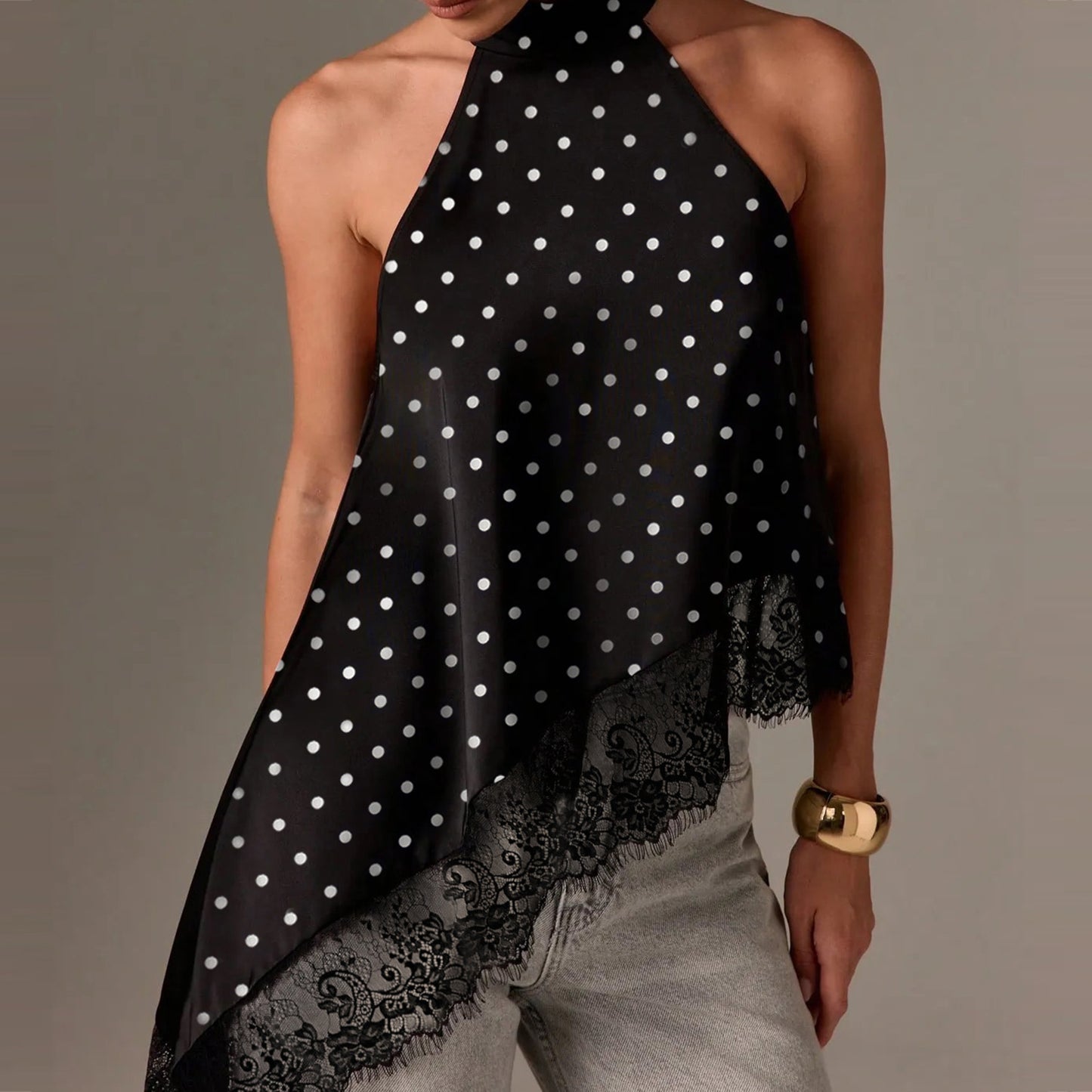 New Cross-Border Women's Sleeveless Lace Trim Asymmetrical Halter Neck Satin Vest in 15 Colors