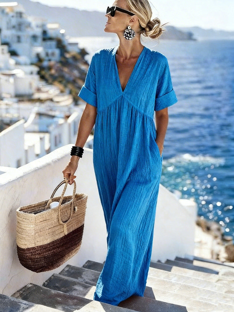 2026 New European and American Cross-border Trade Women's Clothing: Casual Vacation Style V-neck Short Sleeve Solid Color Women's Long Dress