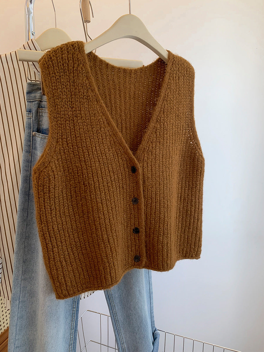 Grey V-neck Knitted Vest for Women, Winter Outerwear Layering Cardigan Sweater Trendy