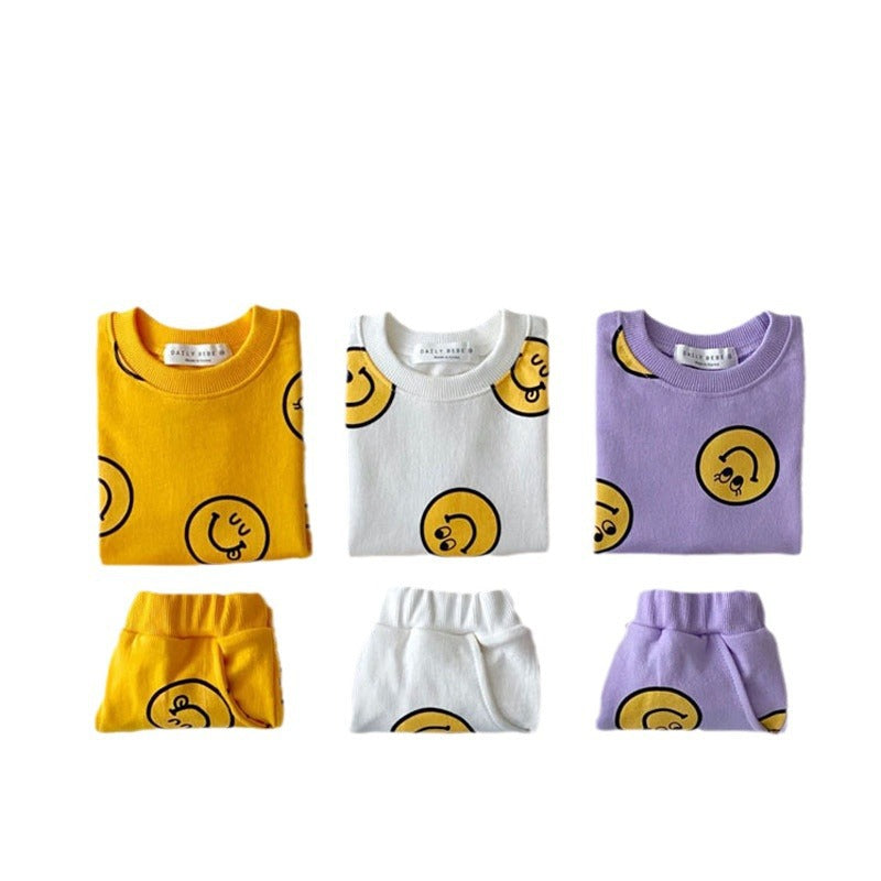 Korean version of ins children's clothing boys and girls baby short-sleeved tops and shorts two-piece children's smiley casual cotton suit