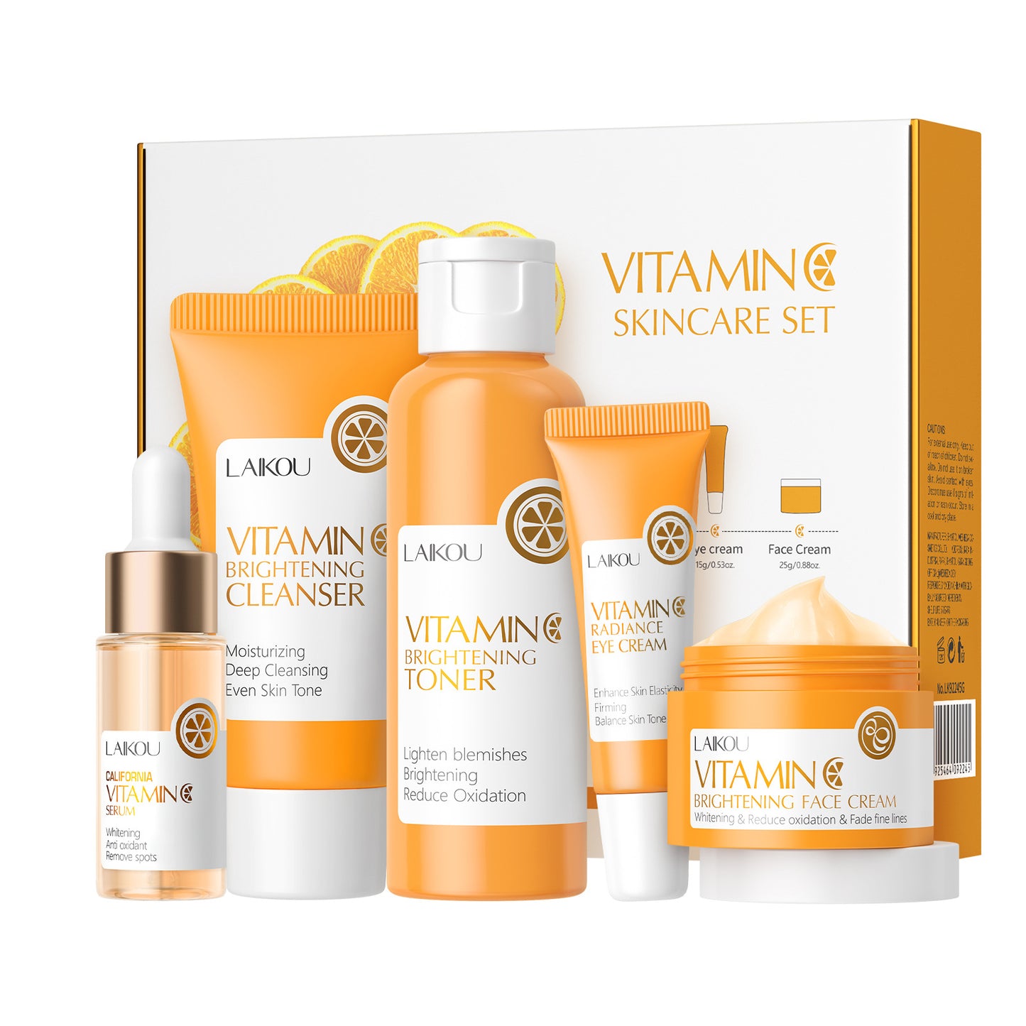 Cross-border LAIKOU Vitamin C Series Skin Care Products set 5-Piece, Cleanser, Toner, Essence, Eye Cream, Essence Cream