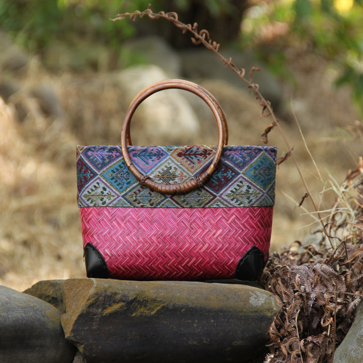 New Woven Women's Bag Bamboo, Bag Bamboo Boven Bag Retro Mini Ladies Handbag