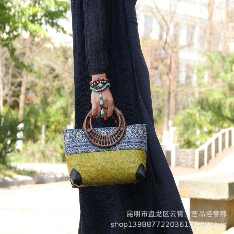 New Woven Women's Bag Bamboo, Bag Bamboo Boven Bag Retro Mini Ladies Handbag