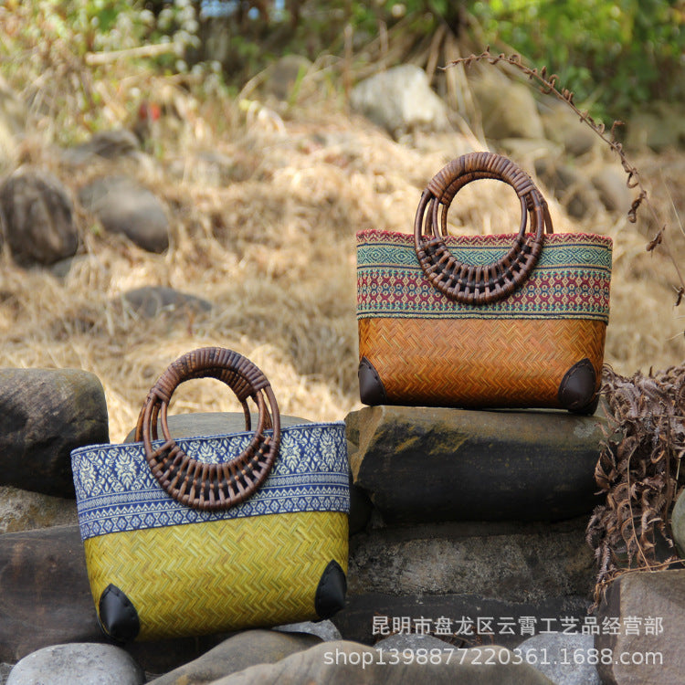 New Woven Women's Bag Bamboo, Bag Bamboo Boven Bag Retro Mini Ladies Handbag