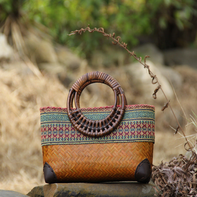 New Woven Women's Bag Bamboo, Bag Bamboo Boven Bag Retro Mini Ladies Handbag