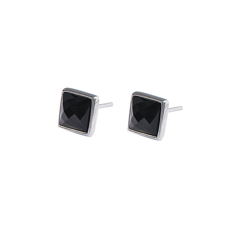 Clearance special price tail goods processing Wanying jewelry square black agate earrings S925 sterling silver earrings trendy accessories
