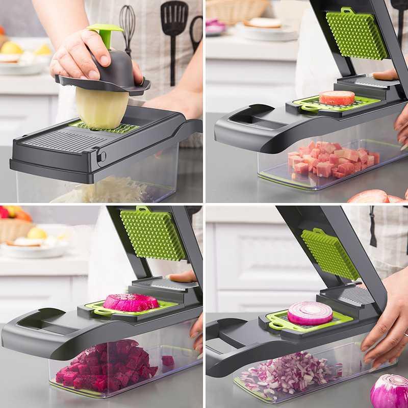 Collage of a kitchen tool being used to slice vegetables on a cutting board.