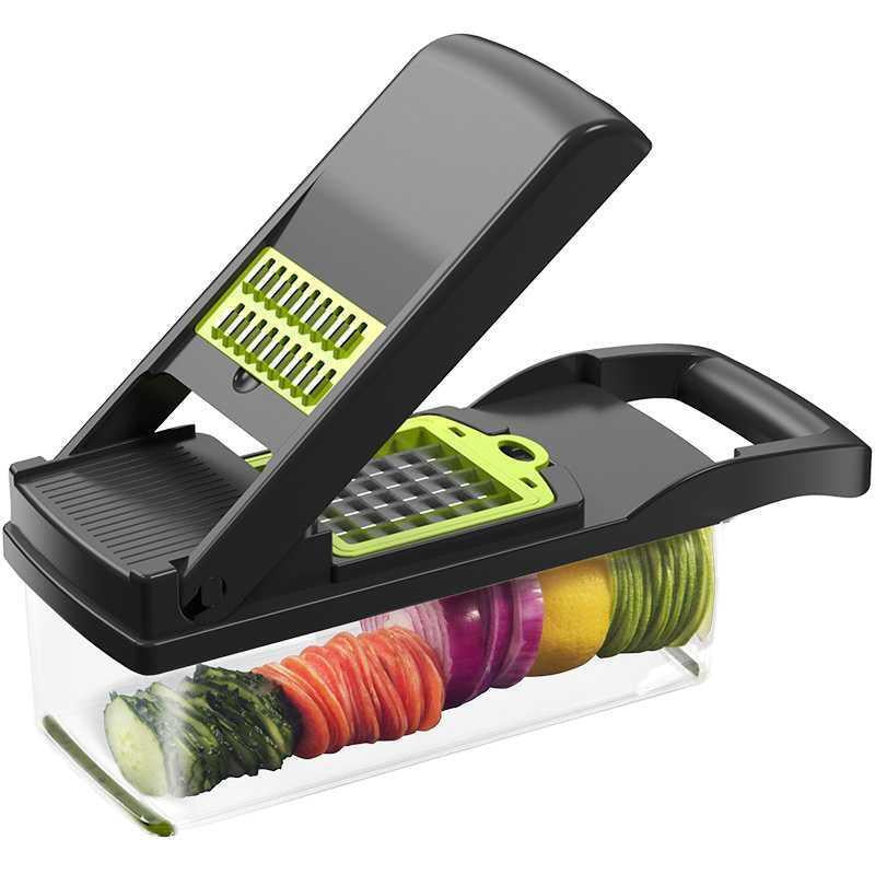 Multifunctional vegetable chopper with sliced vegetables on a white background