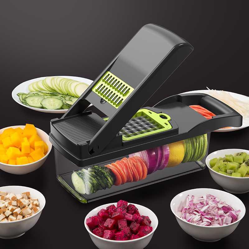 Multifunctional kitchen slicer with sliced vegetables and fruits on a dark background