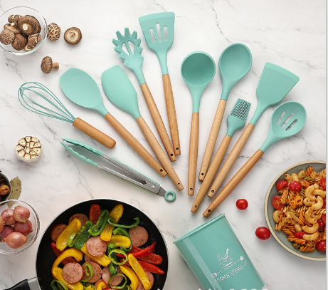 Hot-selling Silicone Kitchenware 11-Piece Non-stick Cookware With Tube Set, High-grade Wooden Handle Kitchen Baking Tools, Multi-color