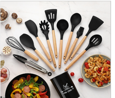 Hot-selling Silicone Kitchenware 11-Piece Non-stick Cookware With Tube Set, High-grade Wooden Handle Kitchen Baking Tools, Multi-color