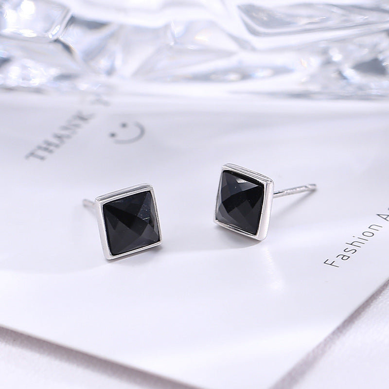 Clearance special price tail goods processing Wanying jewelry square black agate earrings S925 sterling silver earrings trendy accessories