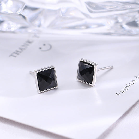 Clearance special price tail goods processing Wanying jewelry square black agate earrings S925 sterling silver earrings trendy accessories