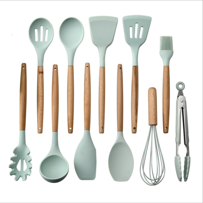 Hot-selling Silicone Kitchenware 11-Piece Non-stick Cookware With Tube Set, High-grade Wooden Handle Kitchen Baking Tools, Multi-color