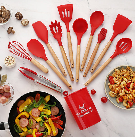 Hot-selling Silicone Kitchenware 11-Piece Non-stick Cookware With Tube Set, High-grade Wooden Handle Kitchen Baking Tools, Multi-color