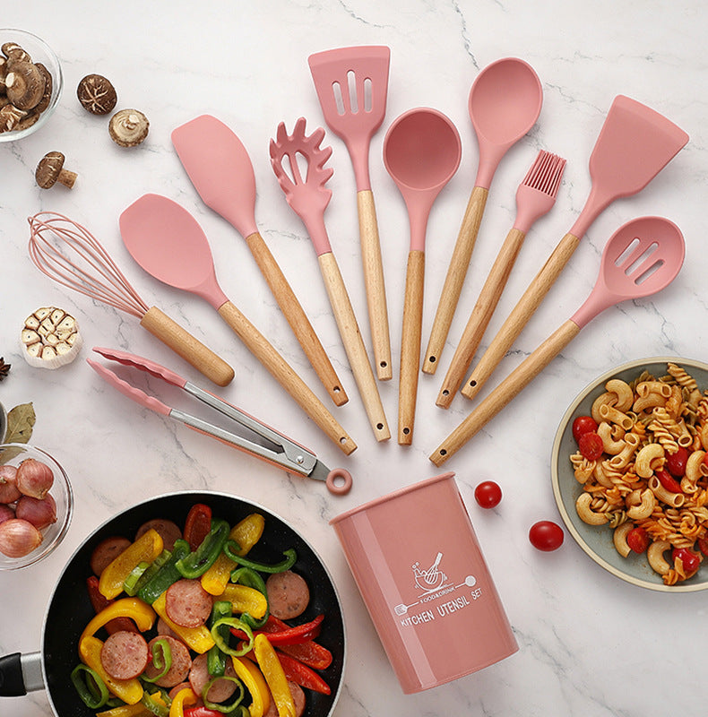 Hot-selling Silicone Kitchenware 11-Piece Non-stick Cookware With Tube Set, High-grade Wooden Handle Kitchen Baking Tools, Multi-color