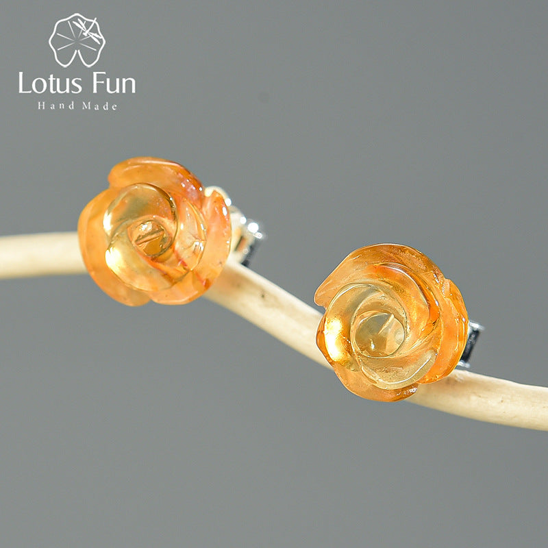 Three-dimensional rose natural crystal S925 women's earrings minimalist creative handmade amazonite earrings