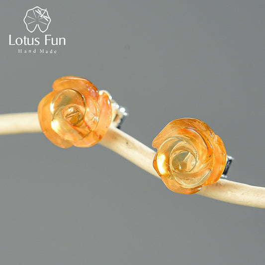Three-dimensional rose natural crystal S925 women's earrings minimalist creative handmade amazonite earrings