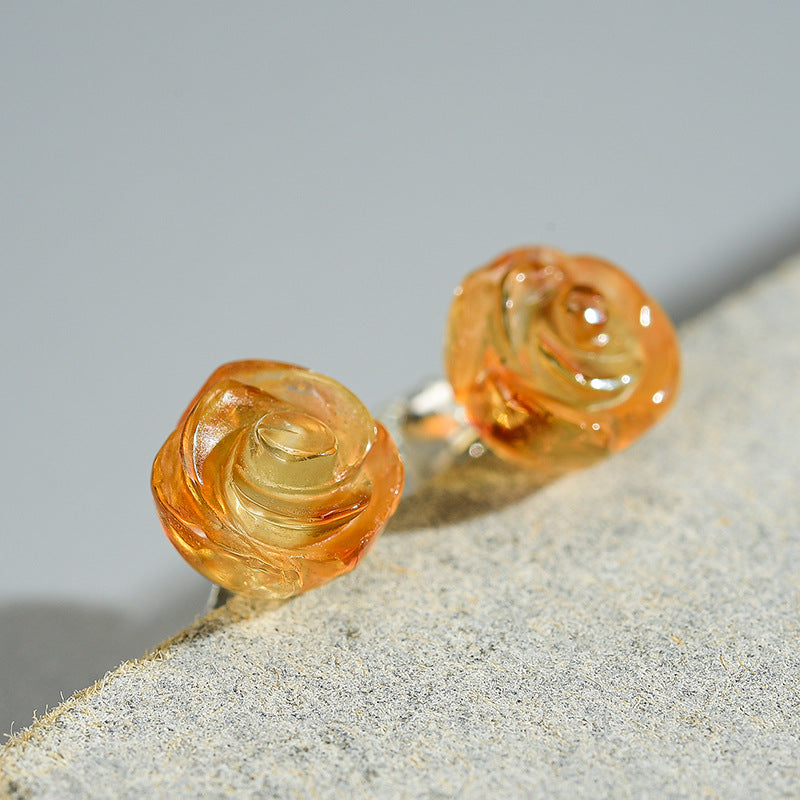 Three-dimensional rose natural crystal S925 women's earrings minimalist creative handmade amazonite earrings