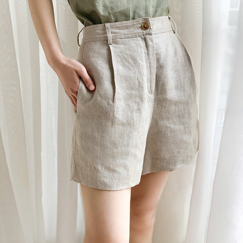 Old Qian Feng Linen Shorts for Women, Summer Slimming Linen and Cotton Style, Breathable Wide-leg High-waisted Casual Commuter Linen Pants