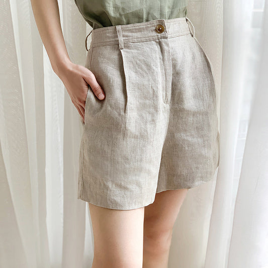 Old Qian Feng Linen Shorts for Women, Summer Slimming Linen and Cotton Style, Breathable Wide-leg High-waisted Casual Commuter Linen Pants