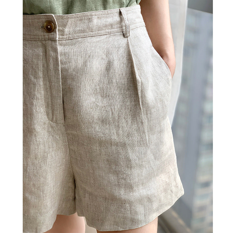 Old Qian Feng Linen Shorts for Women, Summer Slimming Linen and Cotton Style, Breathable Wide-leg High-waisted Casual Commuter Linen Pants