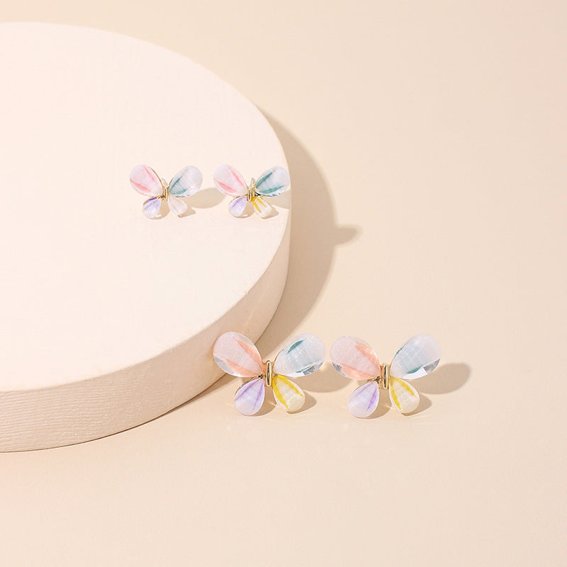 South Korea Dongdaemun Fashion Stained Glass Diamond Stud Earrings Popular Jewelry Sweet Versatile Butterfly 925 Silver Needle Earrings