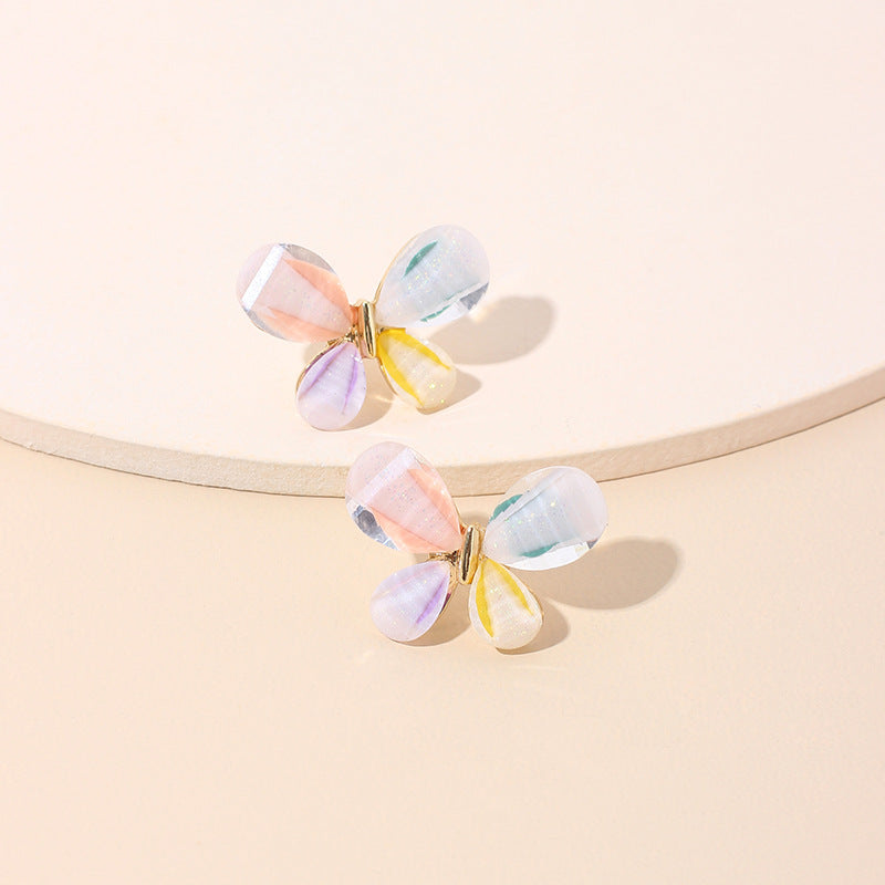 South Korea Dongdaemun Fashion Stained Glass Diamond Stud Earrings Popular Jewelry Sweet Versatile Butterfly 925 Silver Needle Earrings