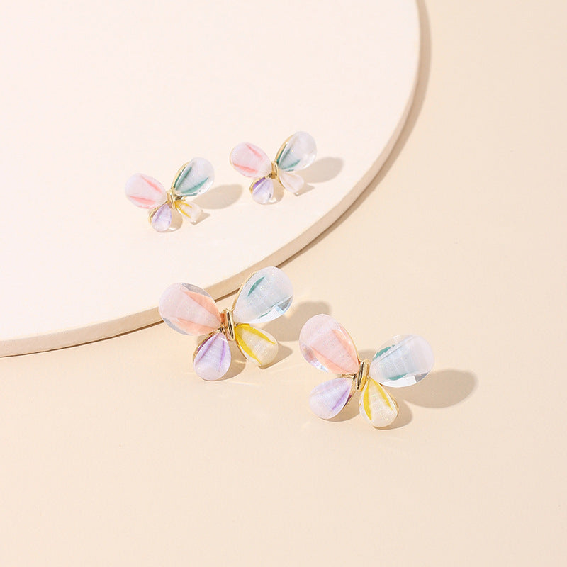 South Korea Dongdaemun Fashion Stained Glass Diamond Stud Earrings Popular Jewelry Sweet Versatile Butterfly 925 Silver Needle Earrings