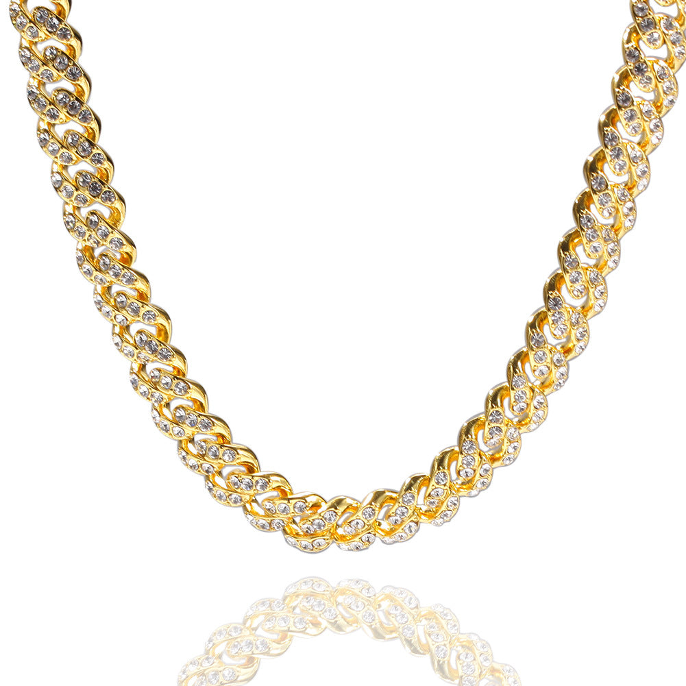European and American street hiphop thick necklace 12mm diamond alloy Cuban necklace male rap hip-hop trend accessories