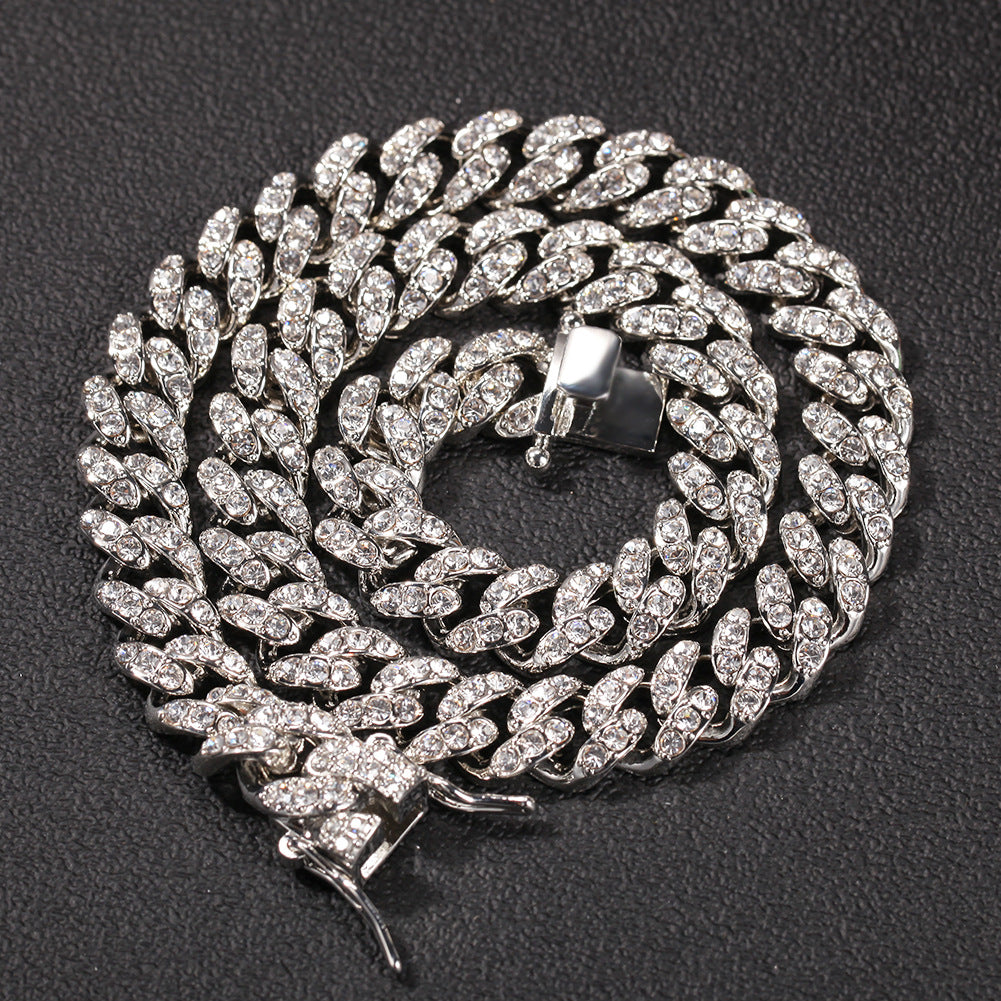 European and American street hiphop thick necklace 12mm diamond alloy Cuban necklace male rap hip-hop trend accessories