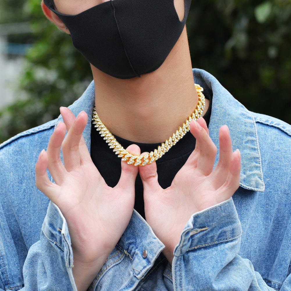 European and American street hiphop thick necklace 12mm diamond alloy Cuban necklace male rap hip-hop trend accessories