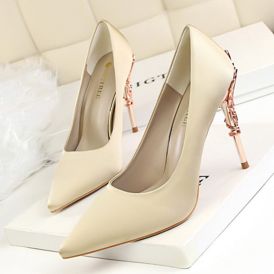 Korean fashion sexy metal with women's shoes stiletto high-heeled shallow mouth pointed satin slim single shoes wedding shoes
