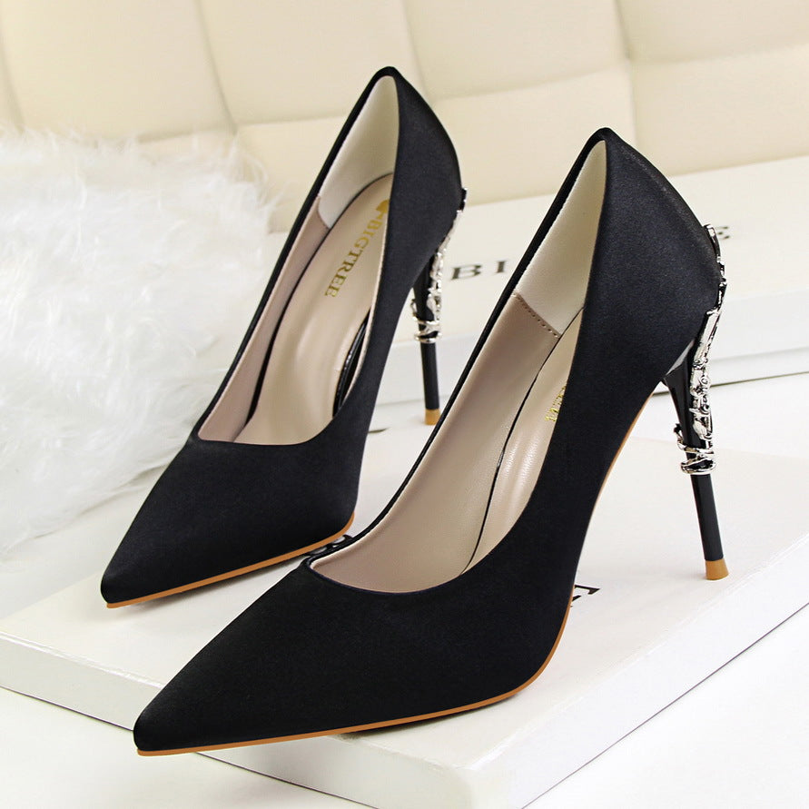 Korean fashion sexy metal with women's shoes stiletto high-heeled shallow mouth pointed satin slim single shoes wedding shoes
