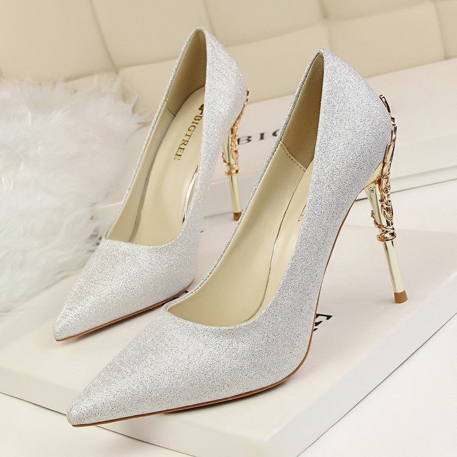 Korean fashion sexy metal with women's shoes stiletto high-heeled shallow mouth pointed satin slim single shoes wedding shoes