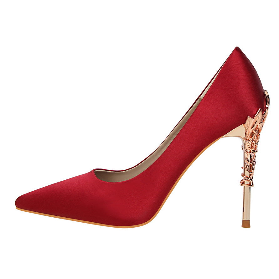Korean fashion sexy metal with women's shoes stiletto high-heeled shallow mouth pointed satin slim single shoes wedding shoes