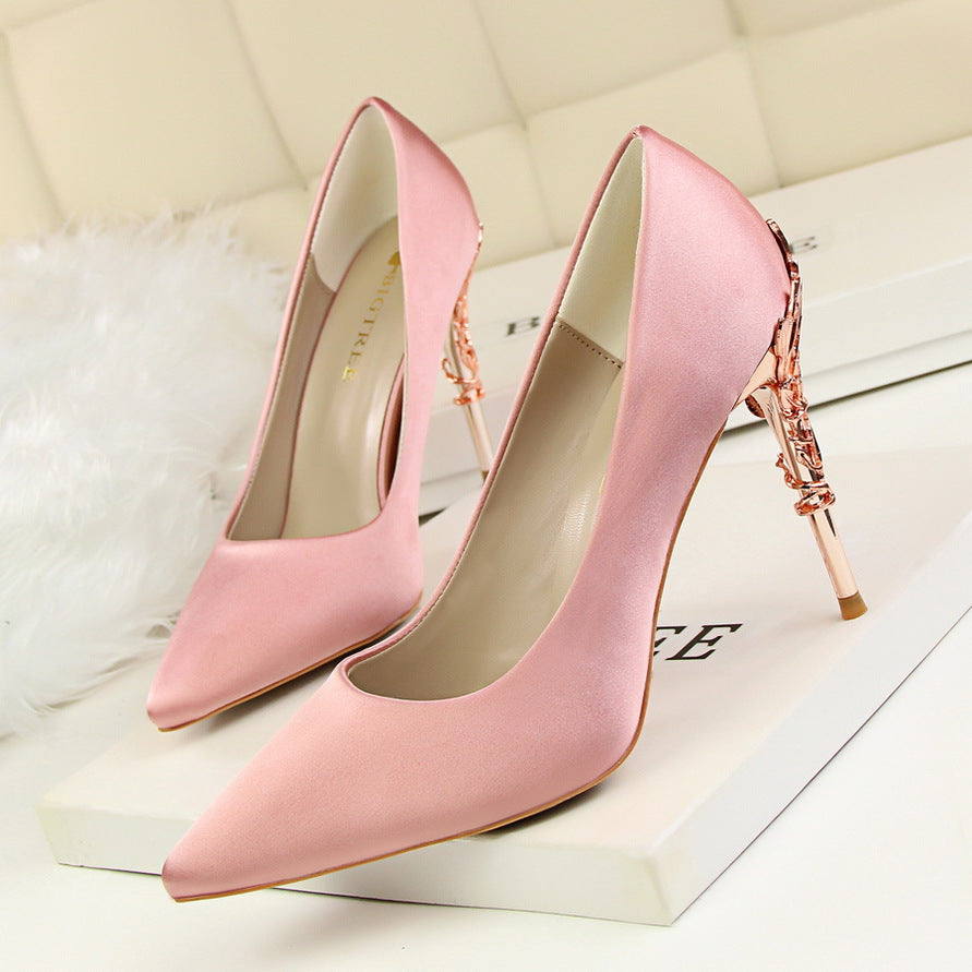 Korean fashion sexy metal with women's shoes stiletto high-heeled shallow mouth pointed satin slim single shoes wedding shoes