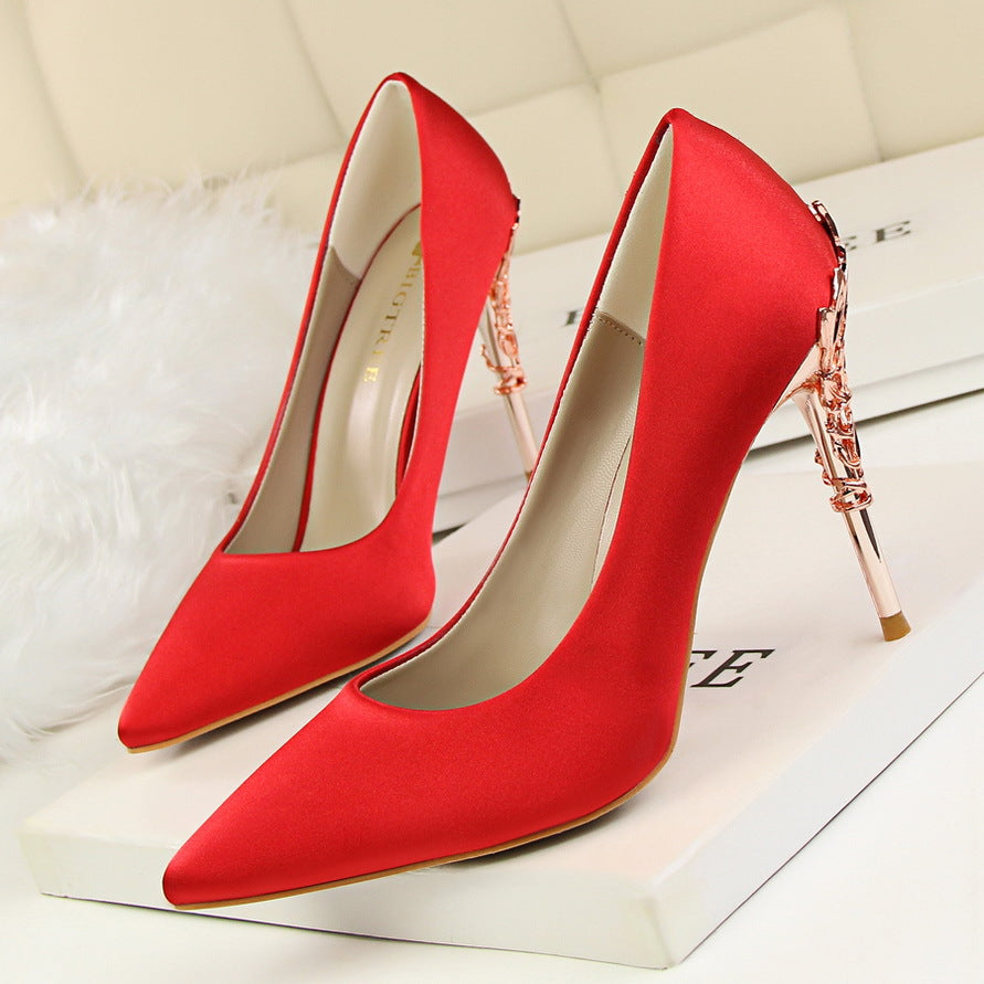 Korean fashion sexy metal with women's shoes stiletto high-heeled shallow mouth pointed satin slim single shoes wedding shoes