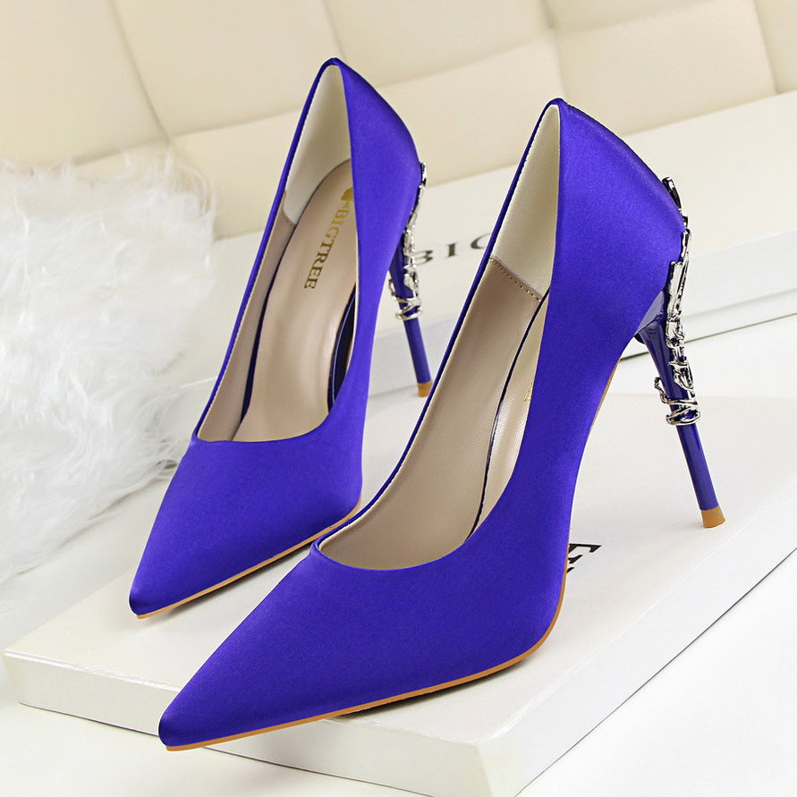 Korean fashion sexy metal with women's shoes stiletto high-heeled shallow mouth pointed satin slim single shoes wedding shoes