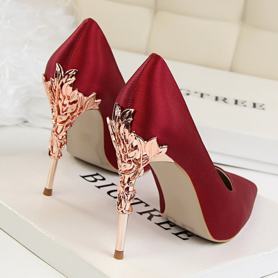 Korean fashion sexy metal with women's shoes stiletto high-heeled shallow mouth pointed satin slim single shoes wedding shoes