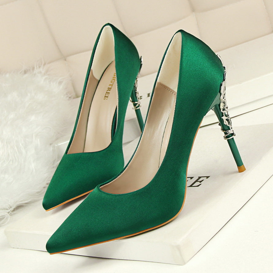 Korean fashion sexy metal with women's shoes stiletto high-heeled shallow mouth pointed satin slim single shoes wedding shoes